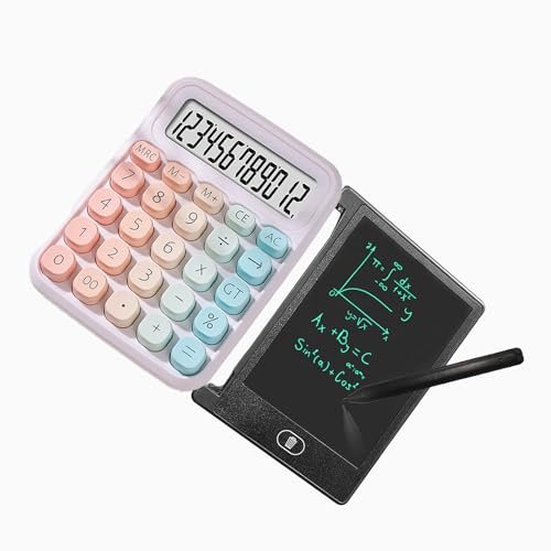Colorful Electronic Calculator with 4.4 Inch LCD Erasable Writing Tablet, 12 Digit Large LCD Display and Big Round Buttons Candy-Colored Desktop Calculator for Office,School,Home,Business