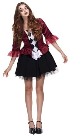 EraSpooky Damen Gruseliges Clown Kostüm Harlekin Horror Zirkus Outfit Unheimliches Halloween Narrenkleid für Erwachsene