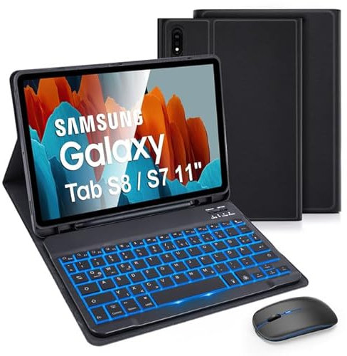 LAMA Bluetooth Tastaturhülle mit Maus für Samsung Galaxy Tab S8 11 2022/Tab S7 11 2020, Abnehmbarer Kabelloser Tastatuhülle, Hülle mit Tastatur Schützhülle - DE QWERTZ Layout, Schwarz Beleuchtet