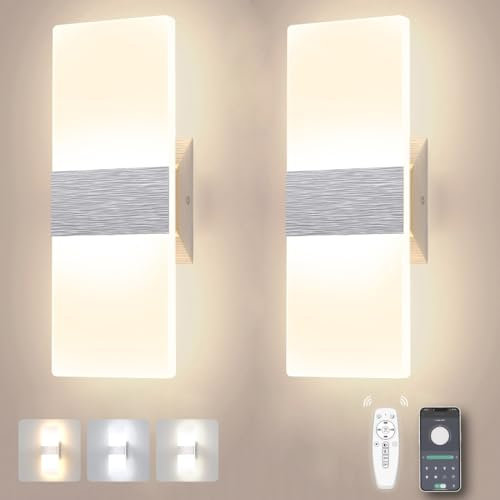 Sytmhoe 2 Stück Wandlampe Dimmbar App-Steuerung Schlafzimmer Wohnzimmer 12W 960LM Acryl wandleuchte innen Mit Fernbedienung, Farbtemperatur veränderbar Led Wandlicht Silber Für Treppen Wohnung Gang