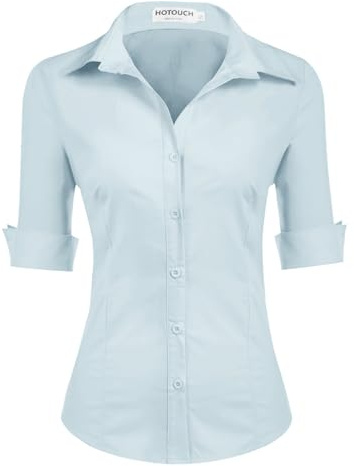 Hotouch Chemisier pour Femme Coton à Manches Courtes Chemise Classique Boutonnée Shirt Top Décontracté Col en V Blouse Solide Élégant Business Tops Chemise de Travail Bleu Clair M