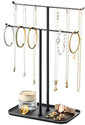 Schmuckständer in Schwarz, 2-stöckiger Schmuckbaum & Kettenhalter mit Tablett – Kettenständer zur Aufbewahrung von Halsketten, Armbändern, Ohrringen und Ringen, ideal für Schminktisch oder Kommode