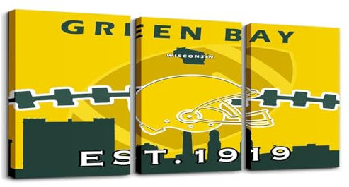 Erosebridal American Football Canvas Wall Art Set of 3 12x16,Football City Paintings for Living Room Bedroom Bathroom Decor,Ball Game Poster Prints,Sports Lovers Framed Wall Art(Green Bay)