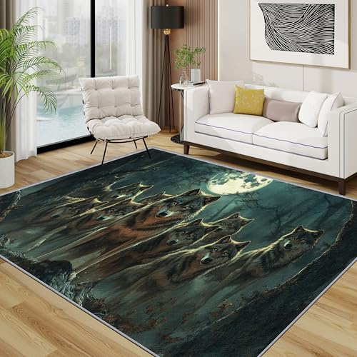 Generisch Wolf Teppich 140x200 cm, Tiere Wölfe Teppich Wohnzimmer, Wald Wildtiere Kurzflor rutschfest Pflegeleicht Teppiche Für Jugendzimmer Schlafzimmer, Dunkelgrün Grau