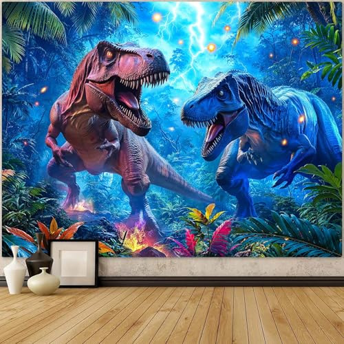 Spenlife Donner Dinosaurier Showdown Wandteppich, Fantasy Dino Battle Tapisserie für Raumdekoration, prähistorischer Wandteppich, 228 x 178 cm