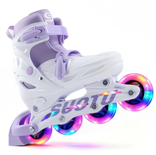 SUOTU Inliner für Kinder, Verstellbar Inlineskates, Leucht Inline Skates für Mädchen Herren, Lila/Weiß (S (28-31 EU))