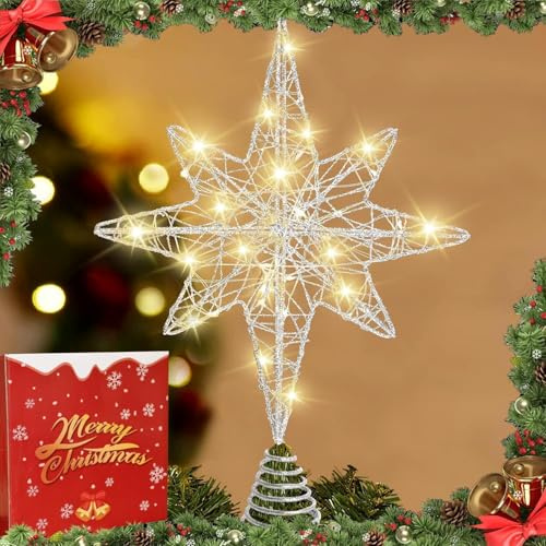 Christmas Tree Topper Lighted, 13.5’’ Silver Star Glittered Xmas Hollow Ribbon Treetop Toppers Ornaments with 20 LED Lights for Indoor Christmas Tree New Year Holiday Party Home Decorations