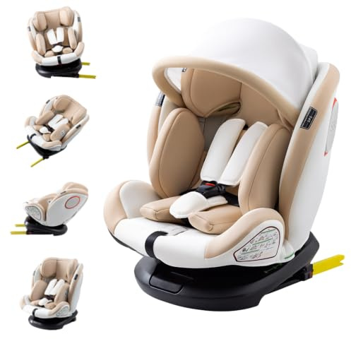 Kindersitz i-Size R129 Kindersitz, 0 bis 12 Jahre 40 bis 150 cm, 360° drehbar | ISOFIX | Gruppe 0+1/2/3 Kindersitzerhöhung, Armlehnen und Kopfstütze höhenverstellbar (Creme)