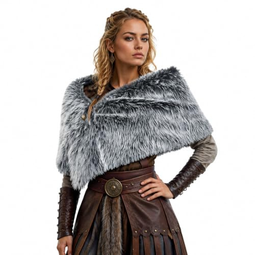 NICEYEA Wikinger Kunstpelz Kragen Schal Kostüm Accessoire, Wikinger Krieger Schulterschal, Mittelalter Pelz Schulter, Mittelalter Krieger Kostüm Winter, Unisex
