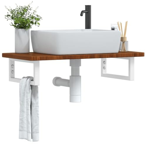 Frdhee Badezimmerschrank Aufsatzwaschbecken, Waschtischplatte mit Halterung Stahl und Massivholz Eiche für Waschküche, Badezimmer