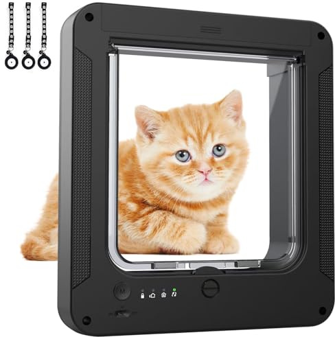 SWHC Intelligente Katzentür für Innen- und Außentüren, Automatische Sensor- Haustiertür mit 3 Halsband-Sensorschlüsseln, 4-Wege-Verriegelungs-Katzenklappe für Katzen und Hunde, Schwarz