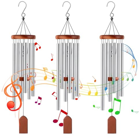 CYEER 3 Stück Windspiele für Draußen Groß 75cm, Wetterfestes Klangspiel mit 6 Metallröhren & Holzelementen, Silbernes Windspiel für Garten, Balkon, Terrasse & Outdoor Deko