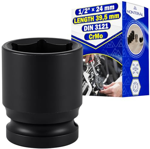 Llave de Vaso de Impacto 1/2 x 24 mm DIN 3121 - Hexagonal Llave Vaso Largo 38,5 mm - Fabricado en Acero Cromo Molibdeno CrMo - MONTERAL