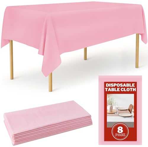 EXTRAPINS Lot de 8 nappes rectangulaires, jetables, rectangulaires, en plastique, imperméables, pour mariage, fête, anniversaire, barbecue, restauration - 137 x 274 cm - Rose