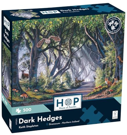 The House of Puzzles | Dark Hedges 500 Piece Jigsaw Puzzle | Nighttime Theme | Artwork by Keith Stapleton | Sustainably Made FSC Certified Board | 13 x 19 in