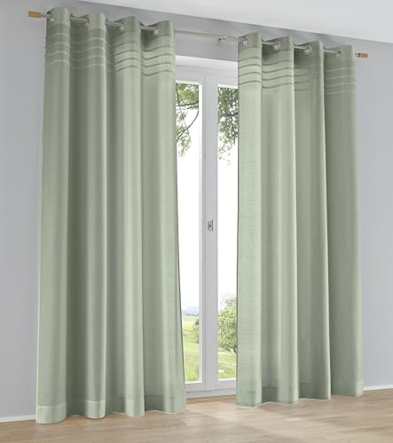Kutti Gardinen Vorhang „Kessy Biese“ Halbtransparent mit Ösen – Baumwoll-Polyester Mix – Dekoschal mit Biesenblende – Salbei grün Gr. 140 x 145 cm (1 Stück)
