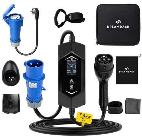 Colonnina Ricarica Auto Elettrica 7kW Monofase Tipo 2 CEE 32A 3 pin Cavo 7m | Adattatore Presa Shuko, Wallbox Caricatore Regolabile 6-32A 1-12 Ore, IP65, -30 ℃ a 50 ℃, Carica Batteria Portatile
