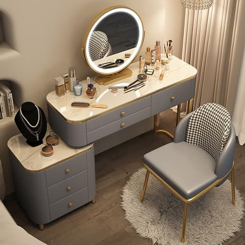 Vanity Desk with LED Mirror and Retractable TV Cabinet, Solid Wood Makeup Table with 6 Drawers for Bedroom Organization