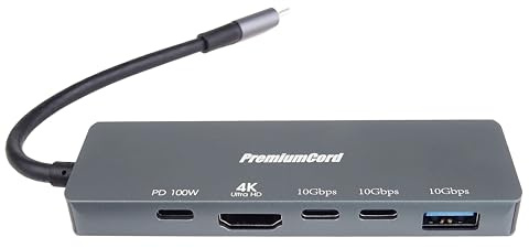 PREMIUMCORD USB-C Dock mit 4K HDMI, 2X USB Typ-C, Typ-A, und PD 100W, Auflösung UHD 4K 2160p 60Hz, SuperSpeed+ 3.2 Gen2 10Gbit/s, für PCs, Laptops, Tastaturen, Mäuse, SSDs, Aluminiumgehäuse, 20cm