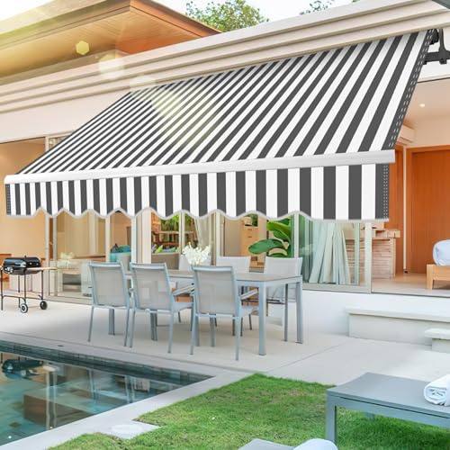 Peviasot Gelenkarmmarkise, 350x300cm Manuelle Markise mit Handkurbel, Sonnenmarkise Winkel Einstellung bis 30 Grad, Sonnenschutz Wasserschutz inkl. Wandhalterung,Weiß Grau