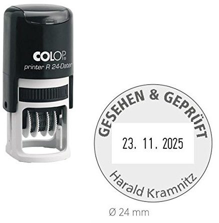 Datumsstempel Colop Printer R 24 | mit individueller Textplatte/Logo | Ø 24 mm - 2 Zeilen rund