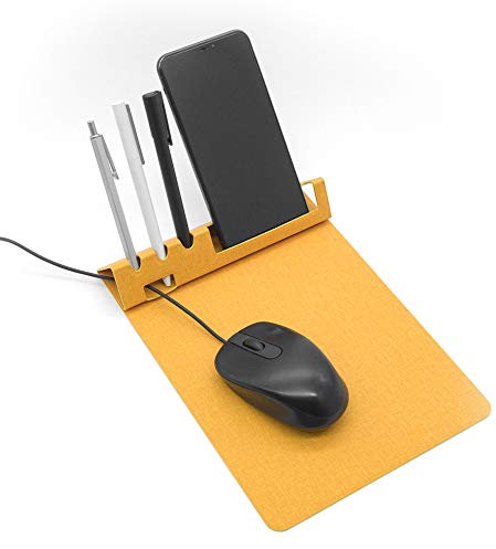 SenseAGE Multifonction Tapis de Souris, 3 en 1 Mouse Pad avec Base Antidérapante, MousePad Mince Portable, Support pour Téléphone et Stylo, Organisateur de Cordon, Jaune