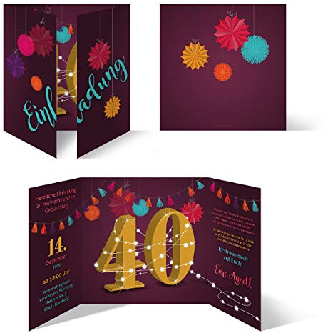 Individuelle Geburtstagseinladungen zum 40. Geburtstag personalisierte Einladungskarten ab 10 Stück selbst gestalten Quadrat 155x155mm Altarfalz - Girlande
