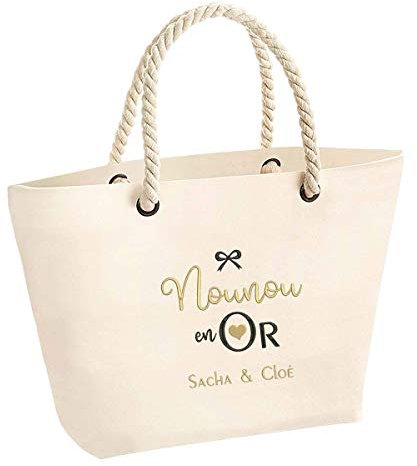 ÉNJA Création. Cadeau nounou - Grand sac personnalisé en broderie avec message et prénom(s) au choix - idée cadeau nounou original et pratique