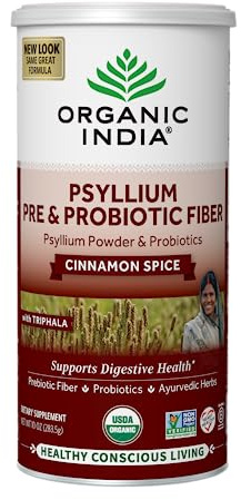 ORGANIC INDIA Psyllium Husk Powder - Pre & Probiotic Fiber Supplement, Organic Psyllium Husk Fiber Supplement with Whole Psyllium Husk, USDA Certified Organic, Vegan, Gluten Free - Cinnamon, 10 Oz