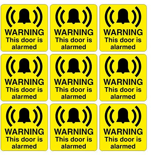 Pack of 9 Security Signs. Warning This Door is alarmed. Size 80mm x 80mm Self Adhesive Stickers. Ideal for Businesses and Homes. Easy to Apply