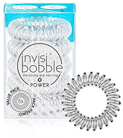 invisibobble Power spurlose Spiralhaargummis, 5 Stück, kristallklar, starke elastische Griffspule, Haar-Accessoires für aktive Frauen, kein Knicken, kein Einweichen, sanft für Mädchen, Teenager und