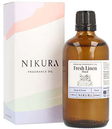 Nikura - Fresh Linen (Floral) Fragrance Oil - 100ml | Perfect for Diffuser for Home, Soap Making, Candle Making, Wax Melts | Bath Bombs, Pot Pourri Refresher Oil, Perfume Scents, Burner Oil | UK Made