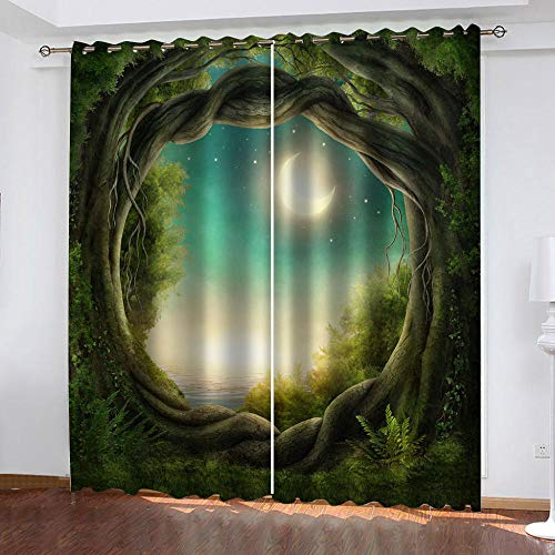 GDYRBY 2 Stücke Gardinen Mit Ösen 200X160cm(HxB) - 3D Druck Blick Auf Die Alten Bäume Im Dschungel Muster Verdunkelungsvorhang Blickdichte Vorhänge Fensterdekoration Vorhang Für Schlafzimmer Wohnzimm