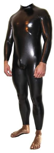 Rubberfashion Wetlook Catsuit - Ganzkörper Glanz Ganzanzug Suit - Schritt offen für Damen und Herren Schwarz Metallic M