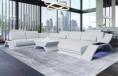 Ledersofa Calabria XXL Sofa Wohnlandschaft in Leder mit Kopfstützen USB Beleuchtung integrierter Steckdosen U Form Designersofa Couch (Ottomane rechts, White)