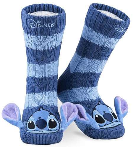 Disney Antirutschsocken Damen mit 3D-Ohren, One Size ABS Kuschelsocken Damen Antirutsch Haussocken Winter Frauen Geschenke (Blau Sttch)
