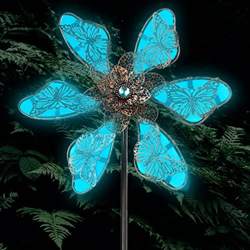 AoHao Windspiele Metall für Draußen, 25cmx90cm Gartenstecker Leuchtende Windrad Garten Windspiel mit Gartenpfahl Gartendeko Blumenstecker Windskulptur Spinner Dekoration Für Garten Hof Rasen(blau)