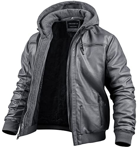 CREATMO US Men's Faux Leather Jacket Motorcycle Jacket Waterproof Windproof PU Moto Vintage Bomber Hoodie with Removable Hood, Grey, M
