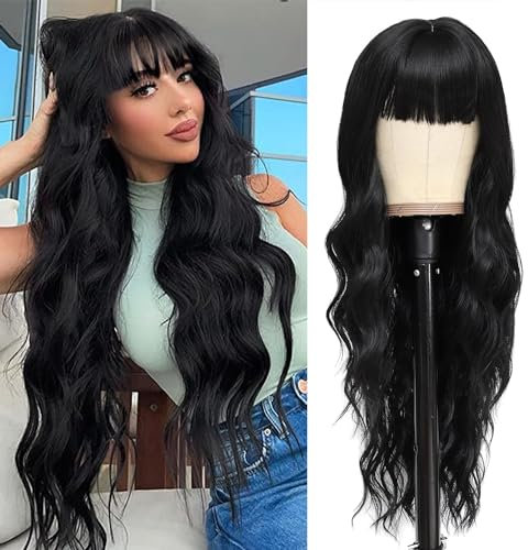 BARSDAR Lange Natürliche Schwarz Perücke mit Pony, 66cm Lange Gewellte Perücke mit Pony für Frauen Synthetische Haar Perücken Natürliches Aussehen Täglich Cosplay Party Halloween
