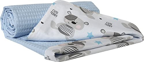 Medi Partners Babydecke Baby Decke Neugeborenen - Kuscheldecke Geschenk Babydecken 75x100cm für Kleinkinder Mädchen Krabbeldecke Kinderbett Kinderwagen 100% Baumwolle (Teddybär mit hellblauen Waffel)