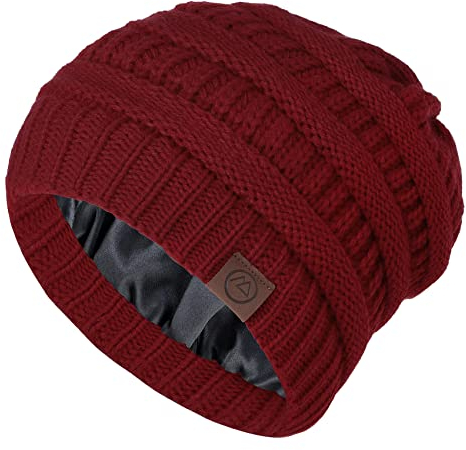 Durio Satin gefütterte Beanie Winter warme Damen Beanie Zopfmuster Wintermütze für Frauen dicke Damen Beanies für Wintermützen, wein, Einheitsgröße