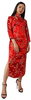 Costumizate! Kimono o Qipao Color Rojo con Manga Larga. Vestido Oriental para Mujer. (M)