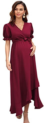 KOJOOIN Robe De Maternité pour Femme Robe d'allaitement À Col en V Robe De Maternité À Manches Courtes avec Volants Robe Florale Fleurs Bordeaux (Manches Courtes) L