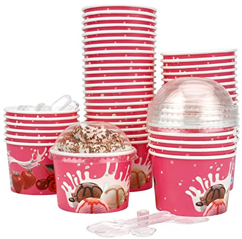 GLAITC Eisbecher aus Pappe, 50 Stück Wiederverwendbare Container 130ml Mit Deckel und Schaufeln für Eiscreme, Gefrorenen Joghurt, Suppe (Rosa)