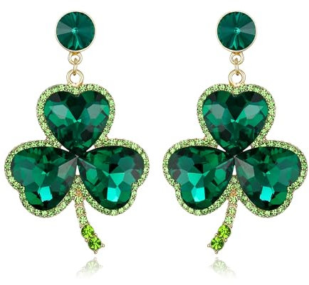 EVER FAITH St. Patrick's Day Kleeblatt Ohrstecker funkelnde Herzform Kristall grün baumelnden Glücksklee Kronleuchter Ohrringe Schmuck Geschenk für Damen Mädchen