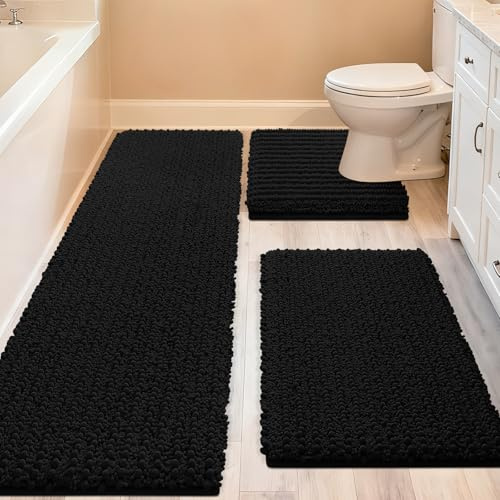 ACCUMTEK Upgrade Extra Large Black Bathroom Rug Set 3 Pieces Ultra Soft, Thick Absorbent Bath Mats, Non Slip Chenille Toilet Mat for Bathroom, Bedroom, Kitchen