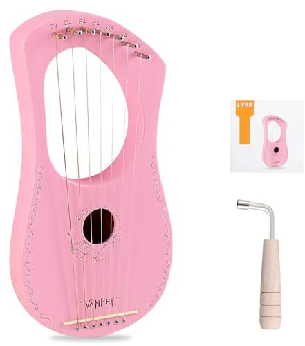 Lyre Harp VANPHY Lyre Harp 7 Saiten Mahagoni Körper Metallsaite für Anfänger Harfen Klassischer Stil Harfeninstrument mit Stimmschlüssel Saiten Gigbag (Rosa)