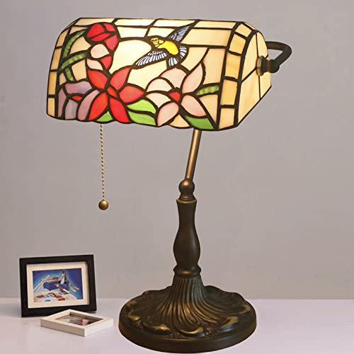 AIBOTY Bankers Lampe, Tiffany Buntglaslampe Vintage Nachttischlampe Handgefertigte Vogelblume Lampenschirm Antiker Legierungssockel Leseklavier Schreibtisch Nachtlicht Für Schlafzimmer,A