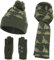 NATUST Mütze Schal Handschuh-Sets für Jungen Dinosaurier Wintermütze mit Bommel Warmer Strickschal Handschuhe Armeegrün