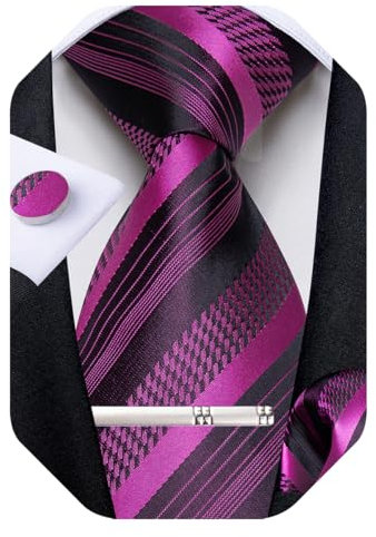 DiBanGu Mens Silk Tie Formal Striped Necktie and Pocket Square, Hot Pink Striped, One Size